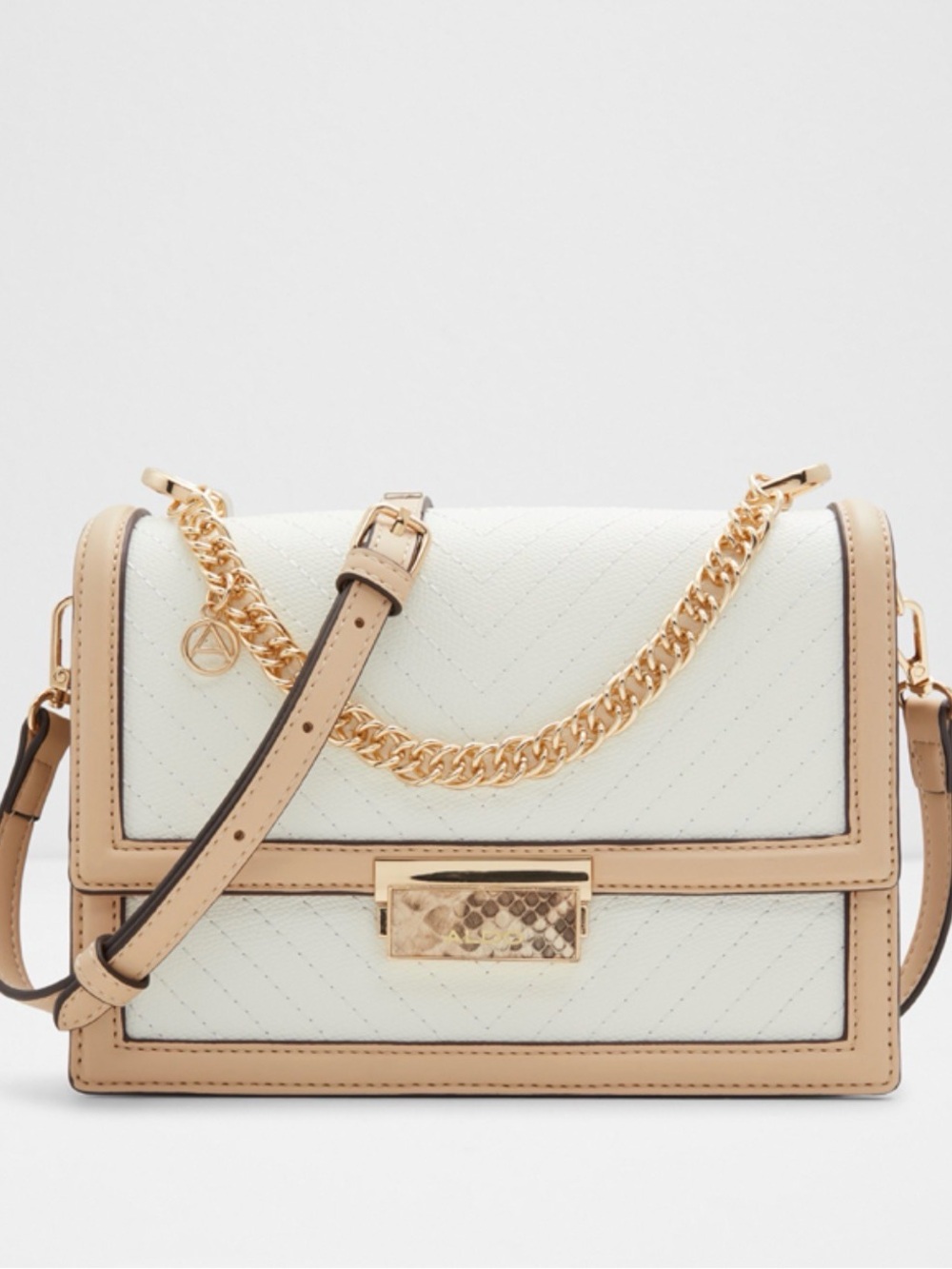 Aldo White Quilted Crossbody with Tan Trim & Gold Chain